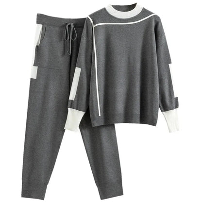 2024 herbst Runway 2 Stück Set Gestrickte Langarm Pullover Pullover Casual Patchwork Mode Frauen Tops und Hosen Anzüge Frühling