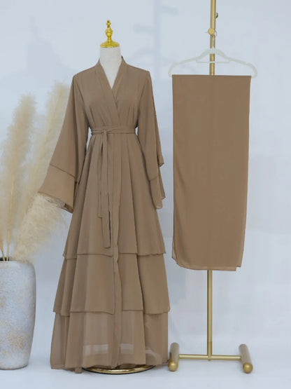 Eid Muslim Abaya for Women Chiffon 3 Layers Cake Party Cardigan Robe Jalabiya Dresses Ramadan Morocco Abayas Kaftan Vestidos