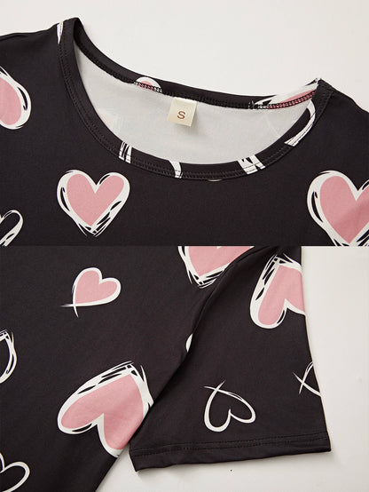 Damen New Style Pyjamas Kurzarm Top Herz Muster Shorts lässig elegante zweiteilige Home Wear