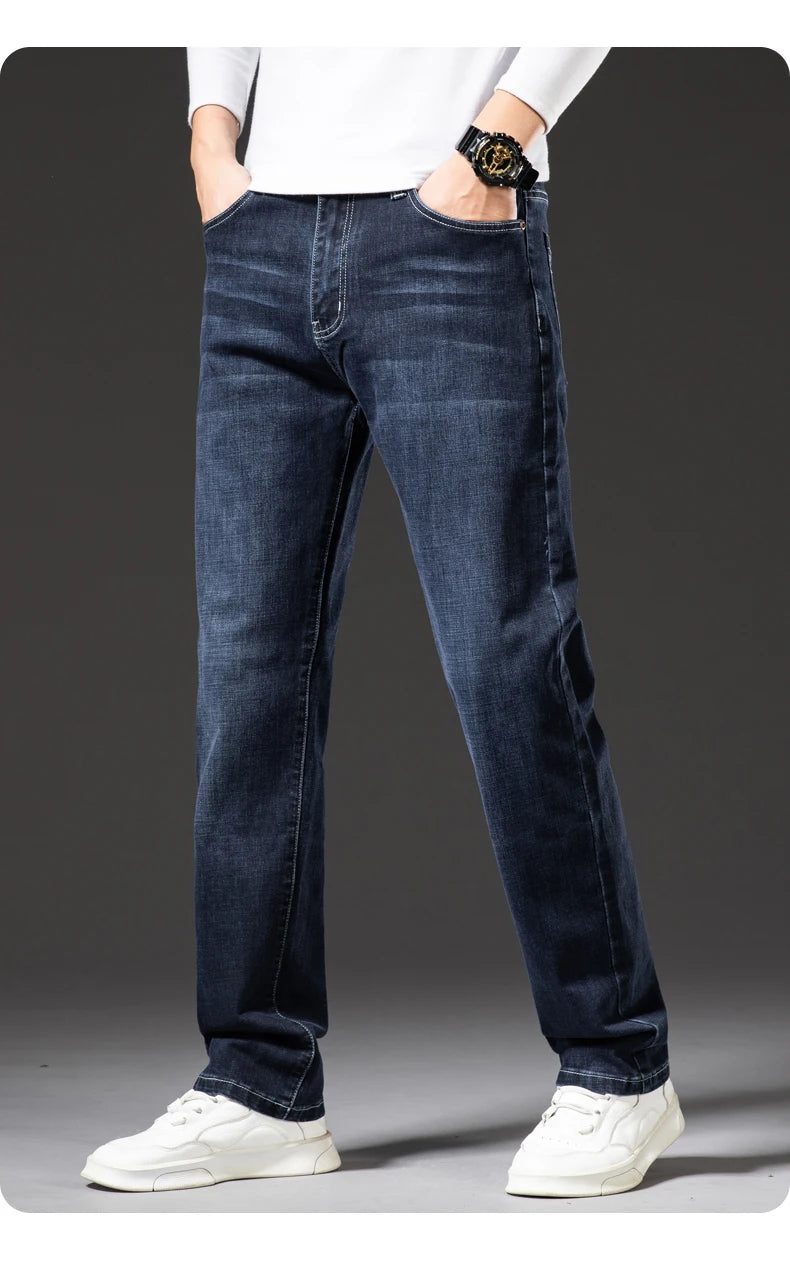 Große Größe 40, 42, 44, 46, lockere, gerade Jeans für Herren, Herbst, neue Business-Casual-Stretchhose, klassische blaue Denim-Hose für Herren