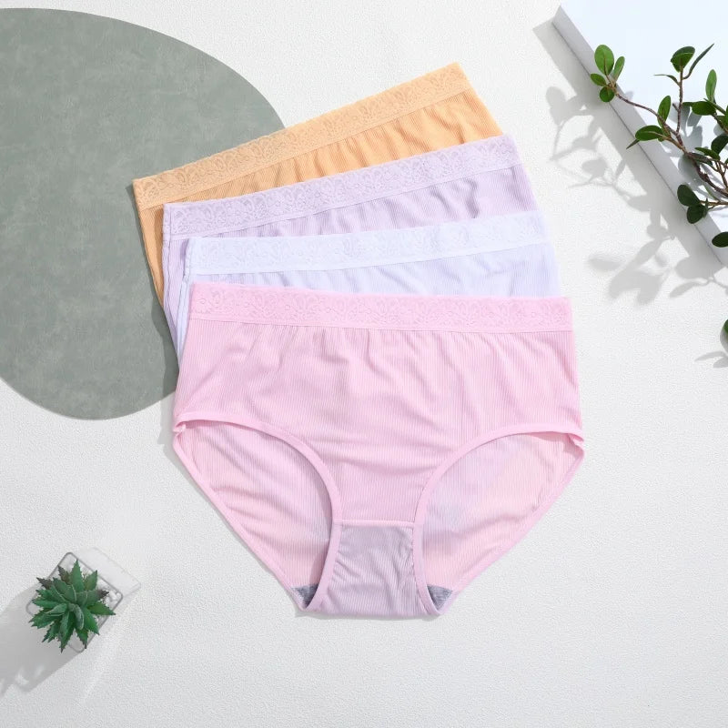 6PCS Women's Plus Size Lace Panties Seamless Solid Color Sport Cozy Physiological Underwear Female Breathable Elastic Lingerie