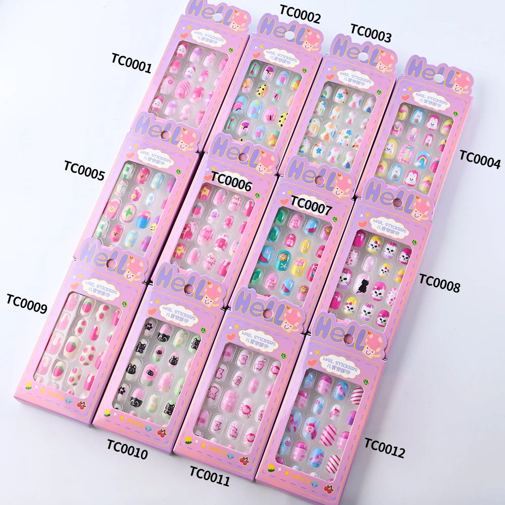 24Pcs/box Kids nails for Girl Cartoon Pattern False Nail Cute Child Fake Nails Tips Kawaii Acrylic Artificial Press on Nail+Tool