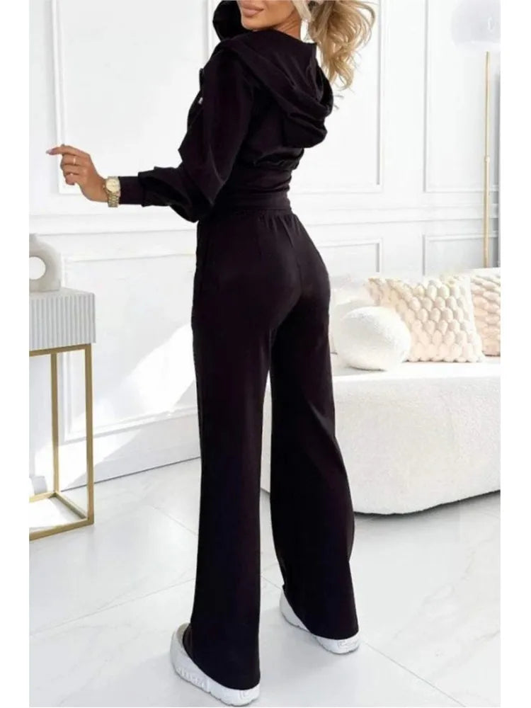 Autumn And Winter Hooded Zipper Jacket Tight Solid Color Two-piece Sets Women Fashion Casual New Wide Leg Pants 2 Piece Set.