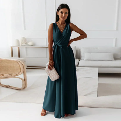 Frühling Sommer Neue Stil frauen Lange V-ausschnitt Kleid Reine Farbe Maxi Kleid Ärmelloses Empire-Taille Kleid für Damen Modische