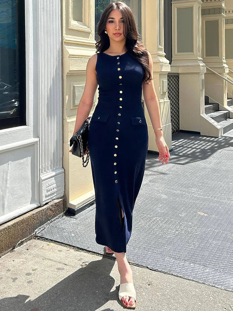 Tossy Strick-Maxikleid mit gerippter Strickjacke, weiblich, hohe Taille, schlanke Tasche, ärmellos, elegantes Partykleid, Damen-Strickwaren, langes Kleid