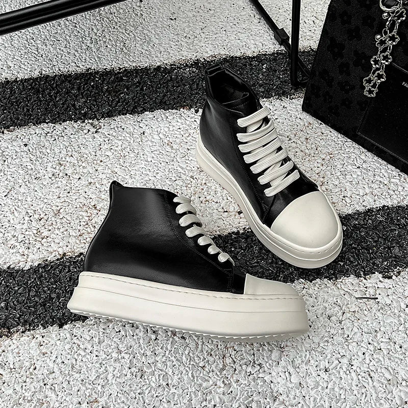 Street Style Ankle Boots for Men Genuine Leather High Top Shoes Fashion Brand Motorcycle Boots Thick Bottom  Male Walking Shoes.