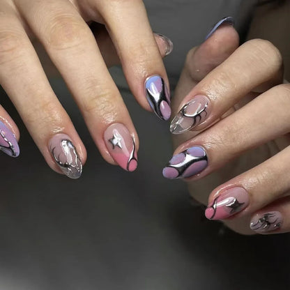 24Pcs Dark Press on Fake Nails with Black Glitter 3D Metallic Designs Sweet Cool Almond False Nails Detachable Nails Spice Girls