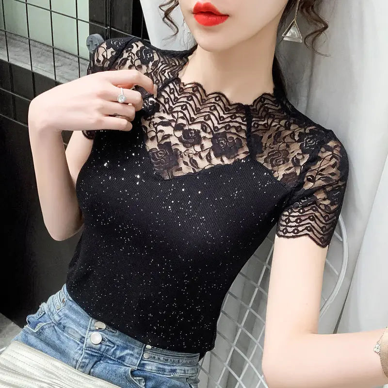 Summer Women Tops Patchwork Bright silk Mesh T shirt Pathcwork Short Sleeve Lace Shirt.