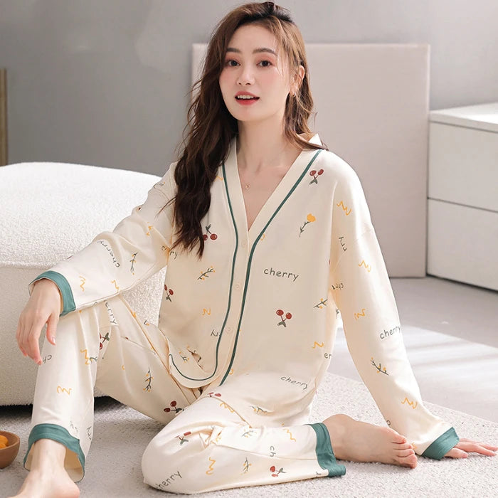 Herbst Winter Pyjamas Set für Frauen Kawaii Druck Nachtwäsche Anzug für Mädchen Mode Restlong Ärmel V-Ausschnitt Frau Pyjamas Set.