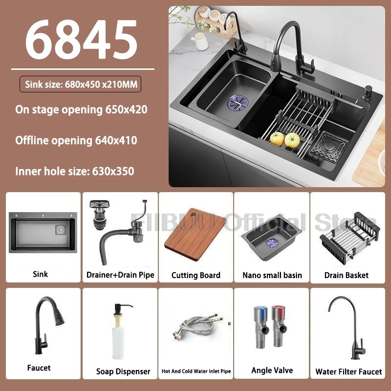 Küchenspüle, verdickter Edelstahl 304, doppelspurig, abgestuft, multifunktional, großer Einzelschlitz, Wasch-/Schnitt-/Abfluss in einem kompletten Satz