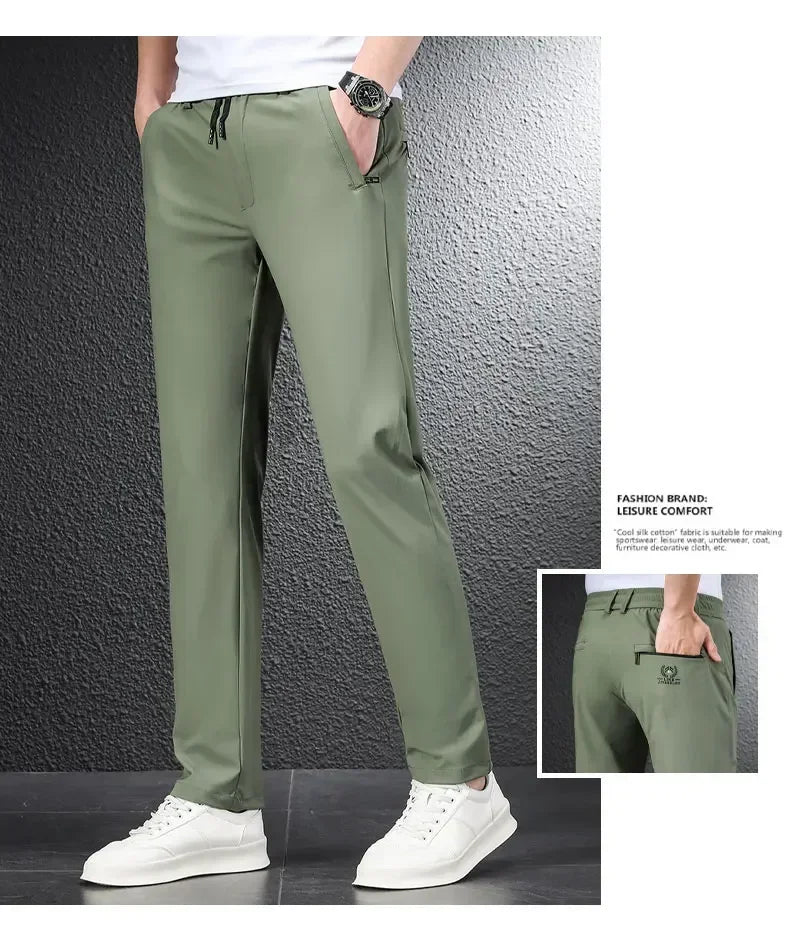 2024 Summer Soft Ice Silk Fabric Men's Thin Casual Pants Korean-style Fashion  Straight High Stretch Trousers Male Luxury Brand.