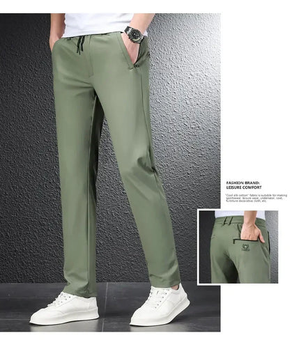 2024 Summer Soft Ice Silk Fabric Men's Thin Casual Pants Korean-style Fashion  Straight High Stretch Trousers Male Luxury Brand.