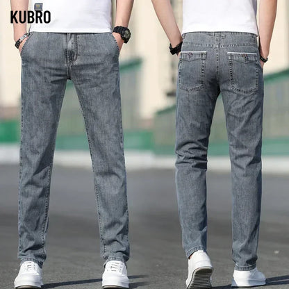 KUBRO 2024 Summer New Men's Loose Stretch Gray Jeans Fashion Casual Stretch Straight-leg Denim Pants Male Light Blue Brand.