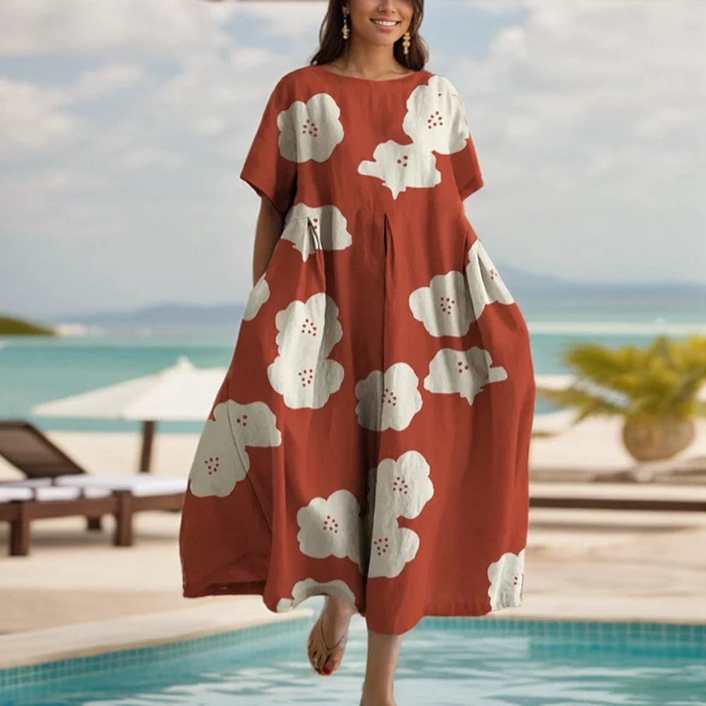 Kleid für Frauen Sommer neue Kurzarm Blumen druck O-Ausschnitt großen Saum lose Mode elegant lässig pendeln weibliche A-Linie Kleid.