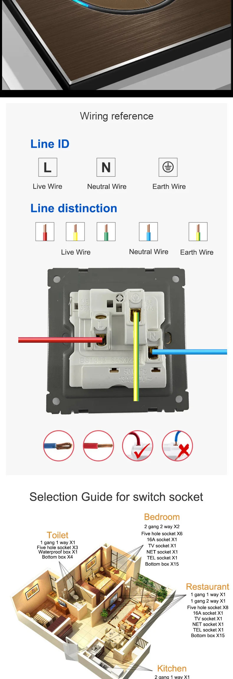 YINKA Schaltersteckdose, Aluminium, gebürstetes braunes Panel mit LED-Anzeige, EU-Steckdose, Schalttafel, elektrischer Lichtschalter, AC110–250 V, NET.