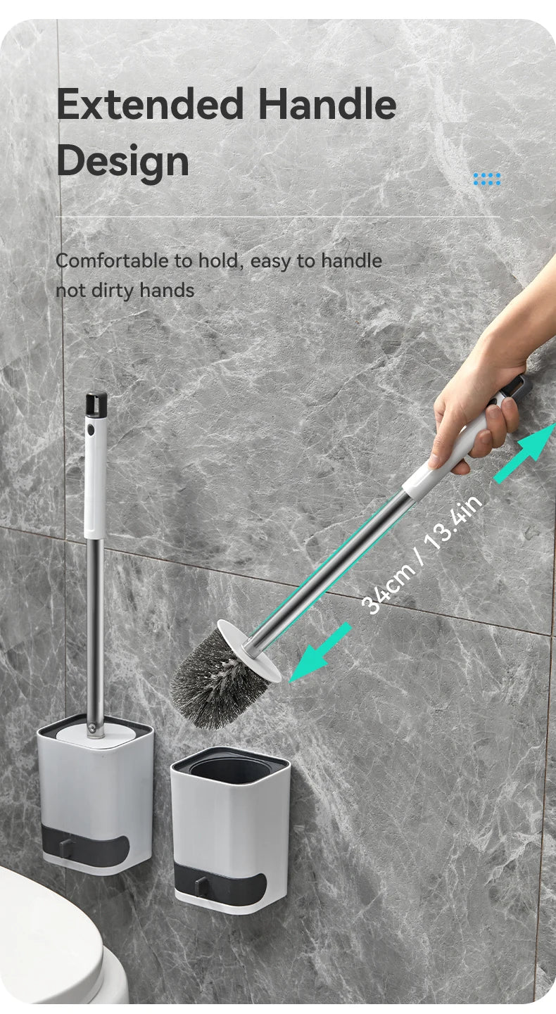 WORTHBUY Wandmontierte Toilettenbürste aus Kunststoff mit langem Griff und Halter, stanzfreie WC-Toilettenreinigungsbürste, Badezimmerzubehör