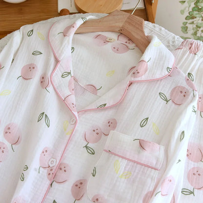 2025 Damen-Pyjama-Set für Frühling/Sommer, bedruckt, 100 % reine Baumwolle, dünn, langärmelig, zweiteiliges Set, frische und süße Strickjacke, Home Fury.