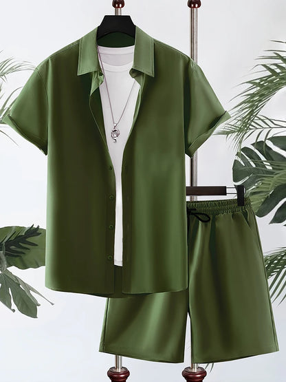 Einfaches einfarbiges Hawaii-Hemd für Herren, Sommer-Trend, kurzärmelige Shorts, 2-teilig, täglich, lässig, Shorts, Top-Anzug, modisch, übergroß.