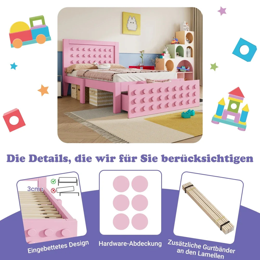 Jugendbett mit kreativem Blockdesign, Gestell aus Massivholz mit Gitterrost, mit Stauraum unter dem Bett, ohne Matratze