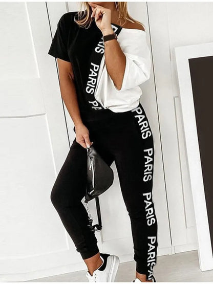 2023 Women's Spring Summer Sportswear Two-piece Set With Patchwork Letters Short Sleeved Long Pants Casual Women's Two-piece Set.