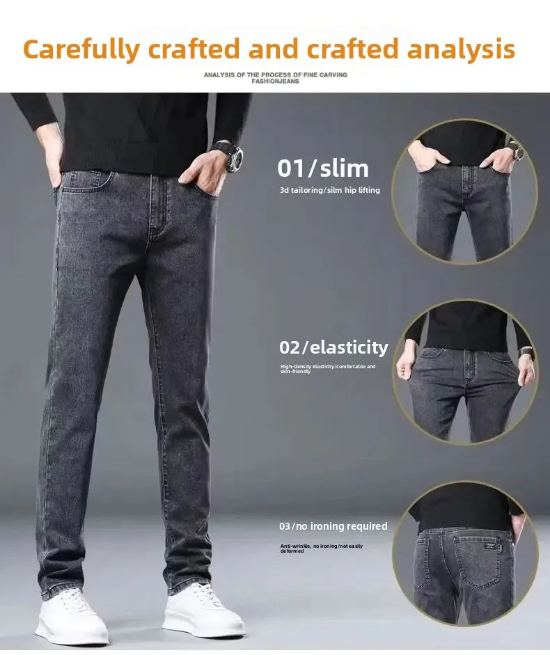 Slim Fit Stretch Business Men's Jeans Summer Trendy Thin Style Male Denim Pants Mid Waist Washed Design Casual Trousers.