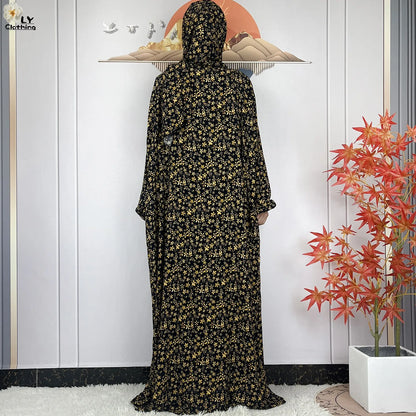 New Muslim Long Sleeved Cotton For Women Ramadan Prayer Turkey Middle East Femme Robe Floral Loose African Abaya Dress Scarfs