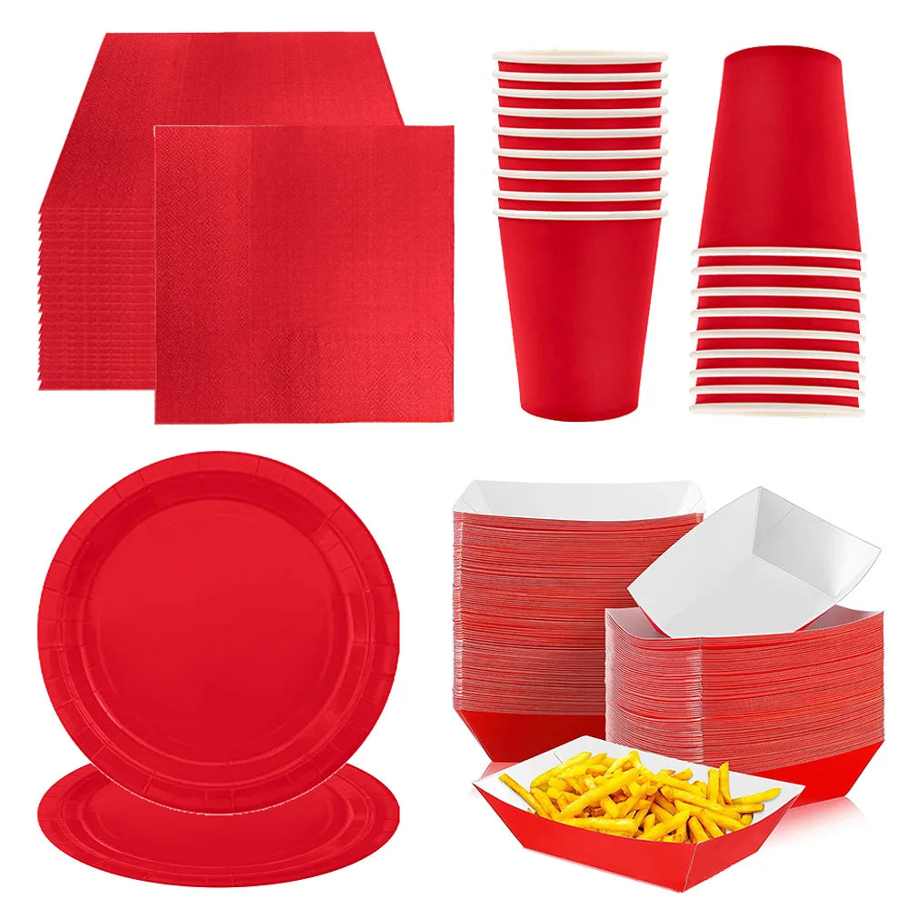 Solides rotes Thema, Einweggeschirr, rote Pappteller, Lebensmitteltablett, Tassen, Servietten, Löffel, Tischdecken, Hochzeit, Geburtstag, Party-Dekoration.