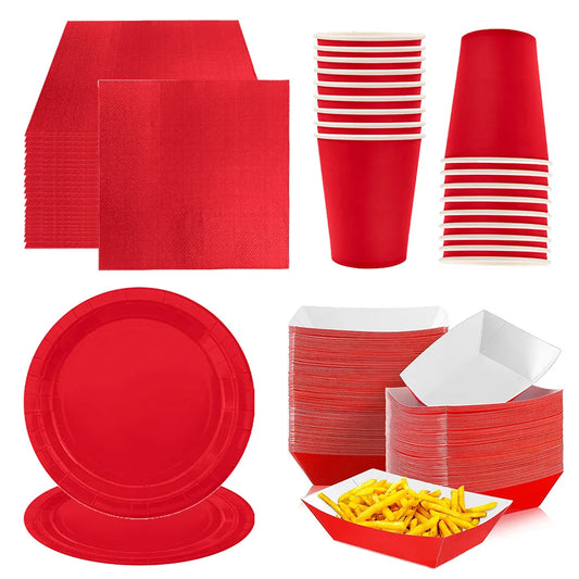 Solides rotes Thema, Einweggeschirr, rote Pappteller, Lebensmitteltablett, Tassen, Servietten, Löffel, Tischdecken, Hochzeit, Geburtstag, Party-Dekoration.
