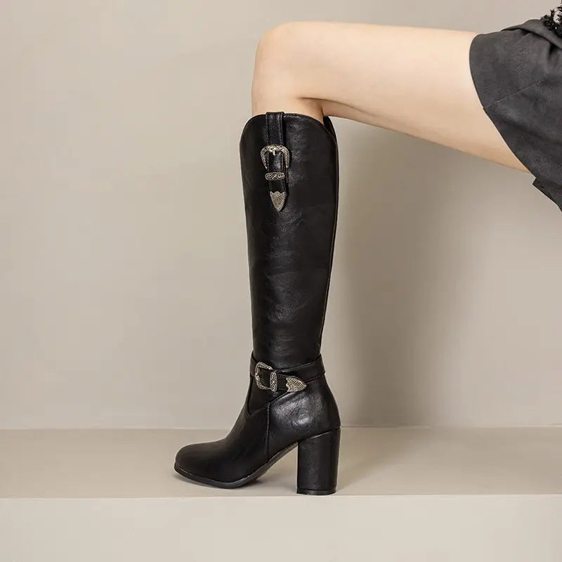 Girseaby British Style Women Knee High Boots Round Toe Block Heel 7.5cm Zipper Plus Size 51 52 Fashion Riding Bota.
