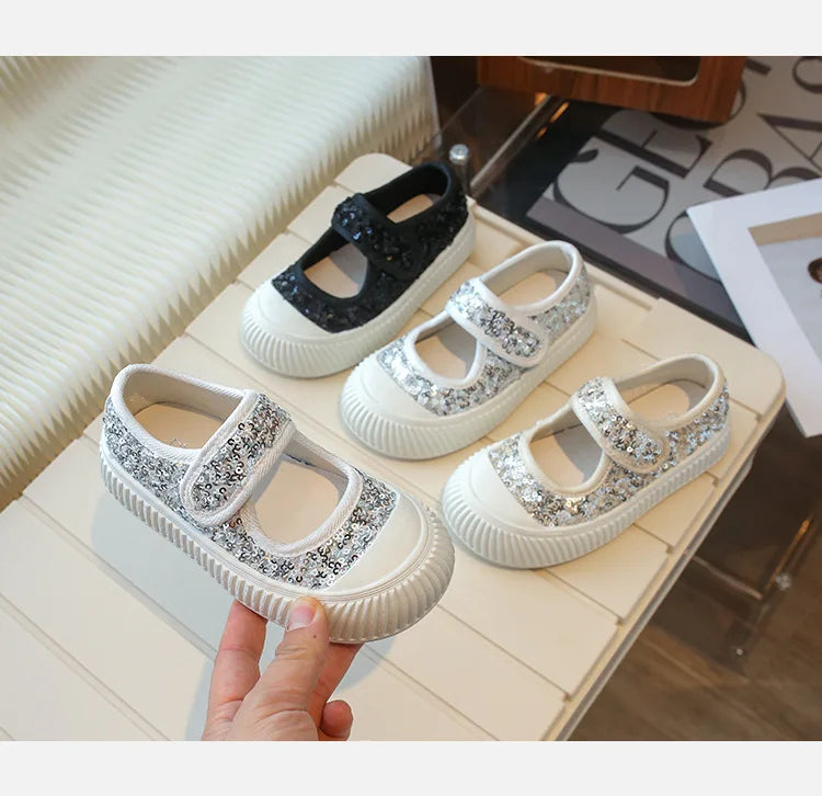 New Girl Princess Canvas Shoes Fashion Luxury Sequins Children Causal Shoes Breathable Kids Glitter Mary Jane Shoes Thick Bottom.