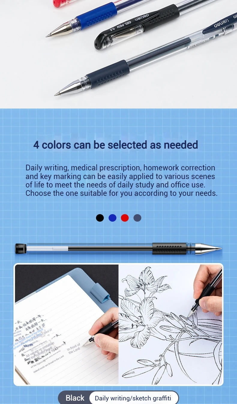 Deli 12er-Pack Gelschreiber-Set, 0,5 mm Kugelschreiber, Schwarz, Blau, Rot, Tintenfarben, Schreibutensilien für Schule, Büro, Schreibwaren.