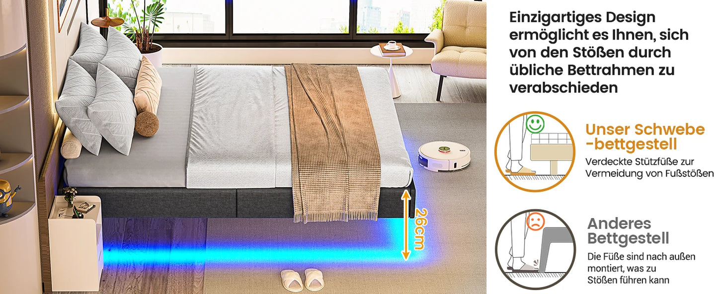 140 x 200 Lattenrost aus Holz mit LED-Beleuchtung, Plüsch, 140 x 200 cm, gepolstertes Bett, graues Leinen-Kopfteil, Schlafzimmermöbel