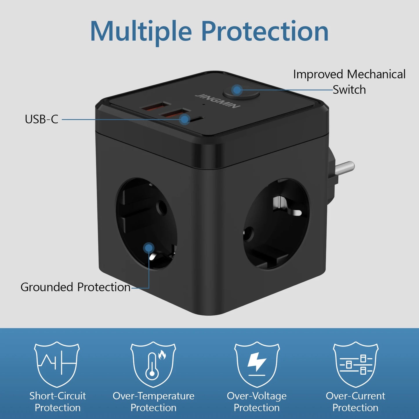 Wandsteckdosen-Extender mit Schalter, 3 Steckdosen, 2 USB-A- und 1 Typ-C-Anschlüsse, tragbarer Cube-Steckdosenleisten-Adapter zum Aufladen auf Reisen.