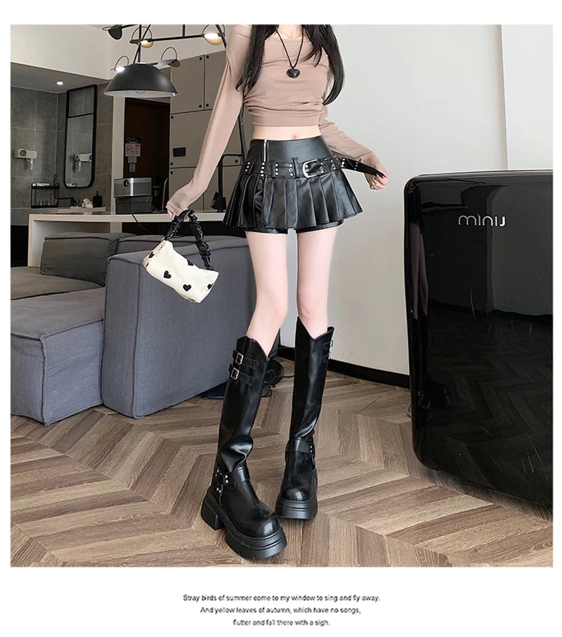 Women's Black Gothic A-line Pleated Leather Skirt Y2k Mini Shorts Skirts Harajuku Korean Emo Skirt 2000s Vintage Clothes Summer.