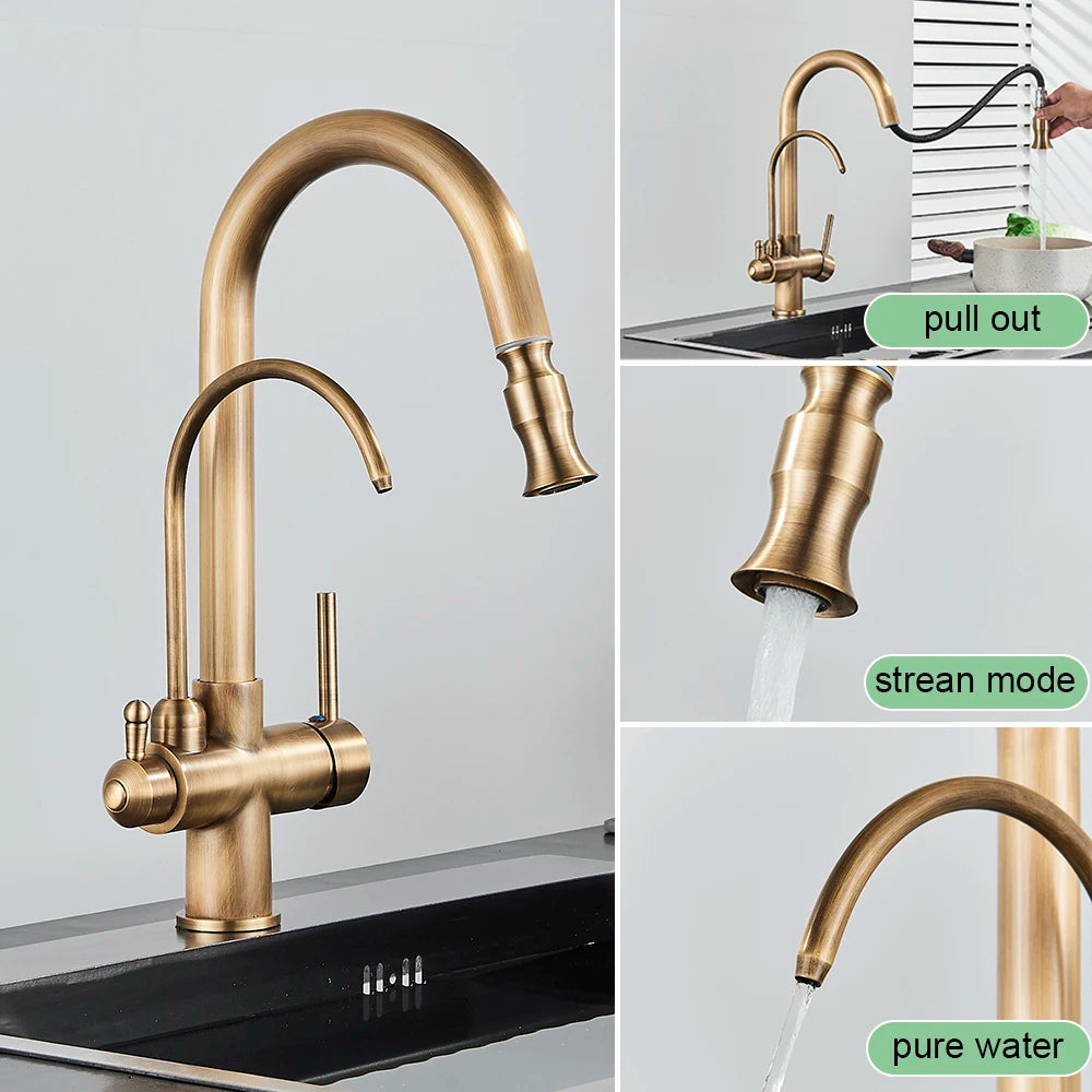 Antique Kitchen Sink Pure Faucet Pull Out Spout Hot Cold Mixer Taps Deck Mount Hot Cold Mixer Taps Purification Kitchen Crane
