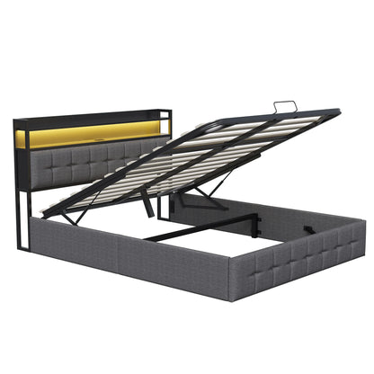 Rosahqnda Kissenbett, gepolstertes hydraulisches Bettgestell, graues Leinenkopfteil, Leinenstoff ohne Matratze