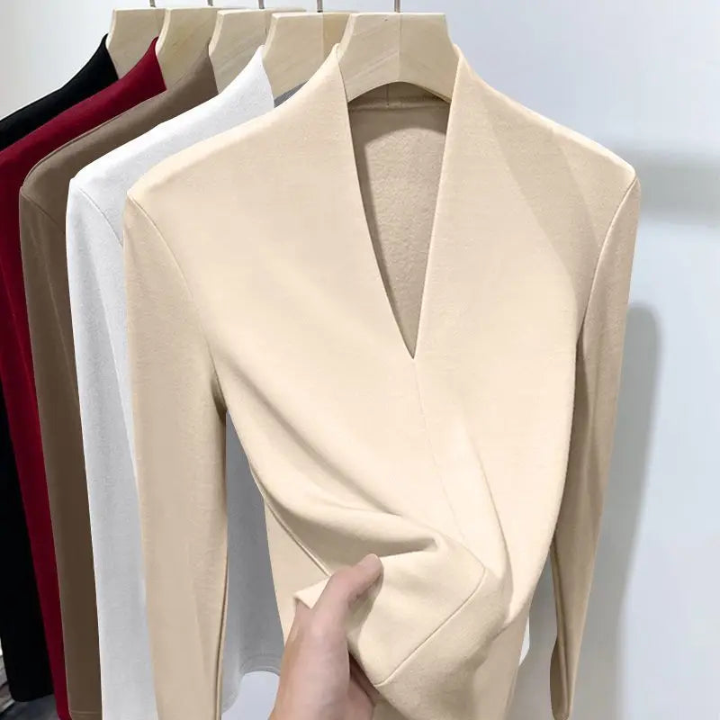 Herbst Winter Neue T-Shirts Frauen Solide V-ausschnitt Plus Samt Verdicken Warme Mode Langarm Schlank Pullover Bodenbildung Shirt Tops