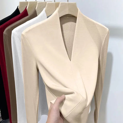 Herbst Winter Neue T-Shirts Frauen Solide V-ausschnitt Plus Samt Verdicken Warme Mode Langarm Schlank Pullover Bodenbildung Shirt Tops