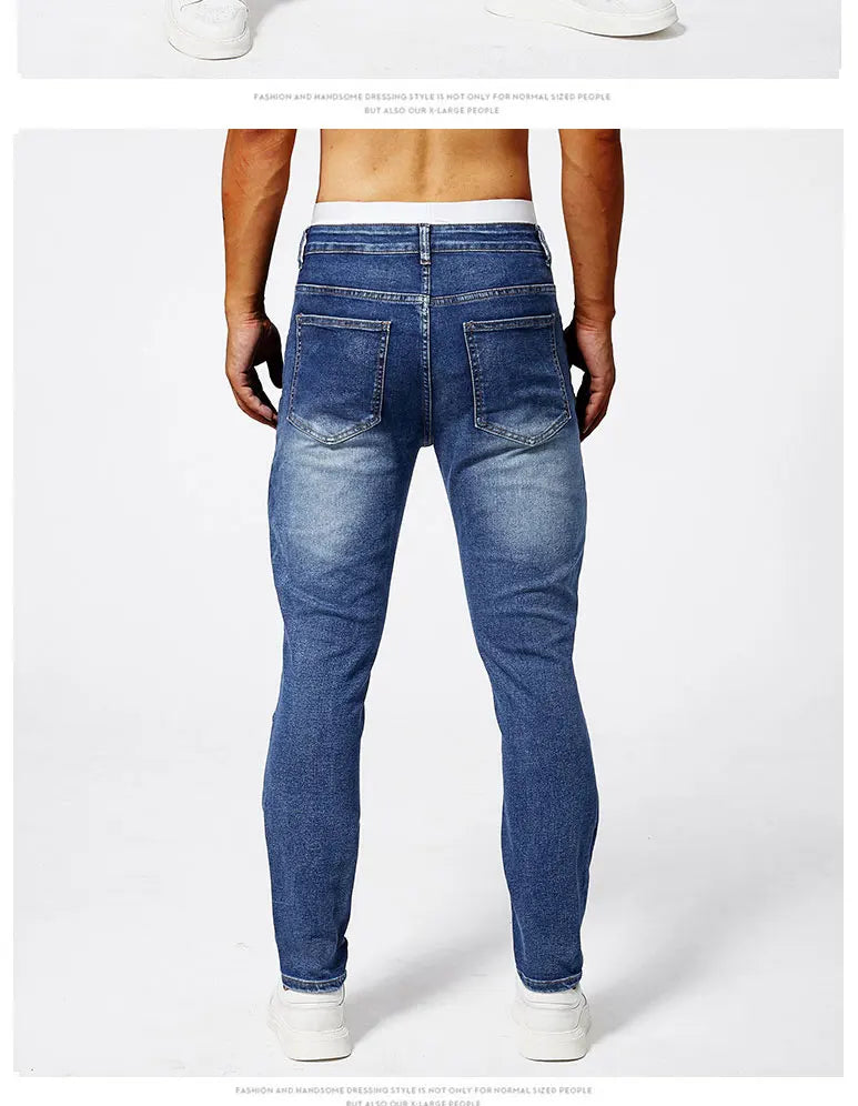 Two tone distressed patchwork jeans for men trendy jeans for summer thin straight leg pants slim fit small leg distressed jeans.