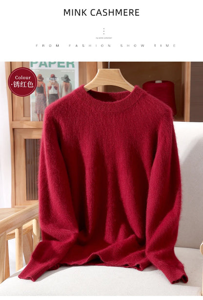 Women's Round-neck Mink Cashmere Sweater Soft Pullover Jumper Comfortable Knitted Top for Autumn Winter Pure Mink Material