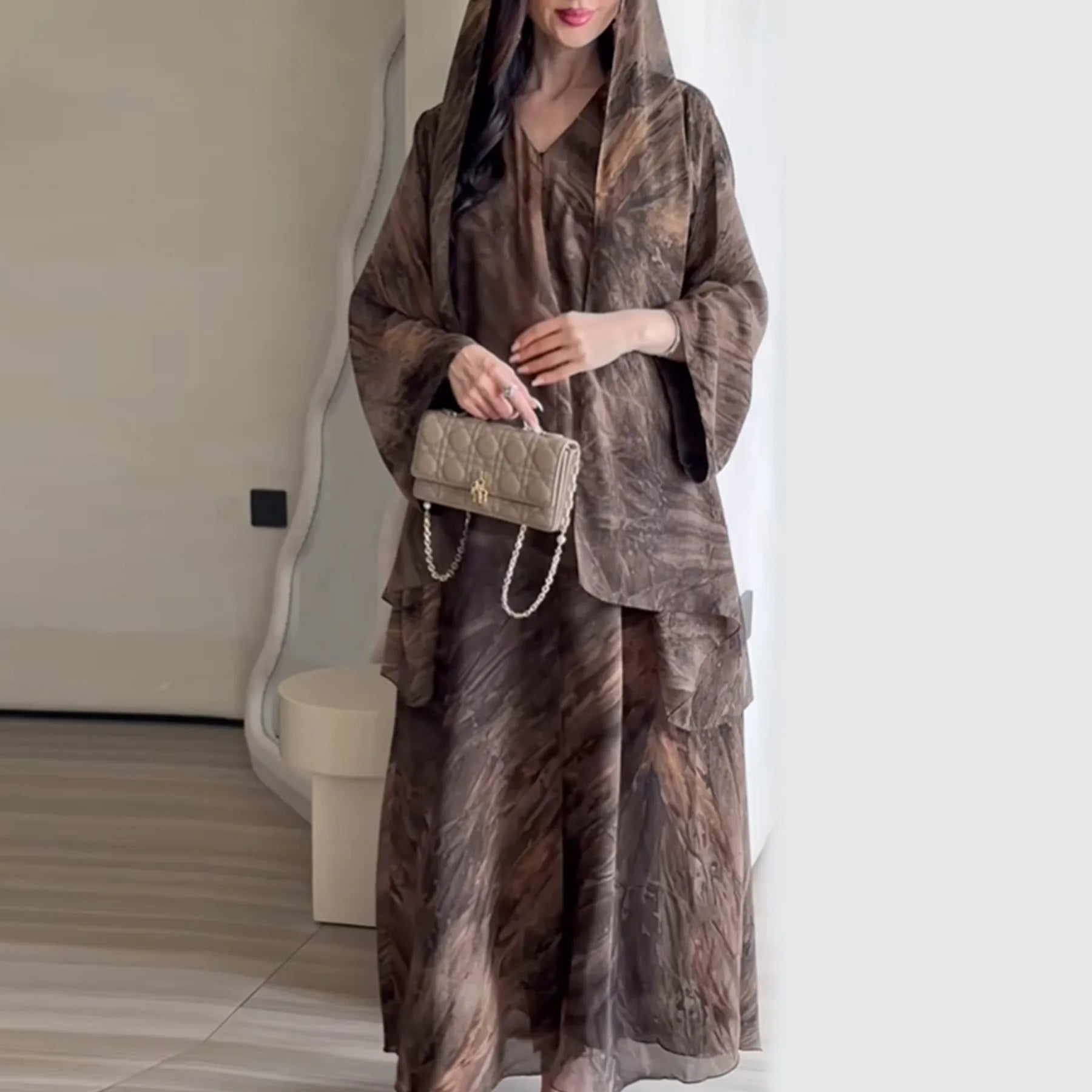 Uni Abaya Dubai 2025 Marble Print Hijab Abaya 2 Piece Set Chiffon Summer Modest Dresses Open Abaya Islamic Clothing.