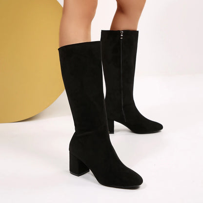 Women Boots Autumn Winter Elastic Slimming Knee-High Boots Fashion Pointed Toe Thick Heel Shoes Woman Side Zipper Casual Botas.