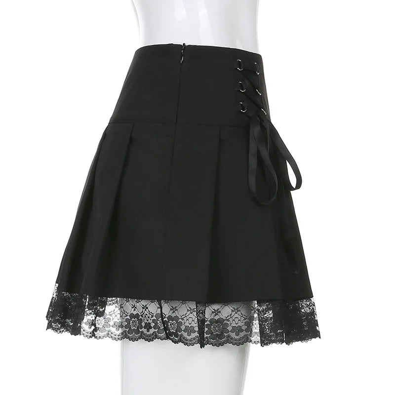 Girl Retro Pleated Skirt Lace Up High Waist Plaid Mesh Stitching Hem Y2K Aesthetic Gothic Black Mini Skirts Bodycon.