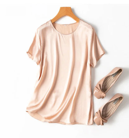 Women 100% Mulberry Silk 19 Momme half sleeve Crew Neck Top Shirt Blouse T-shirt More Colors M L XL MM4270