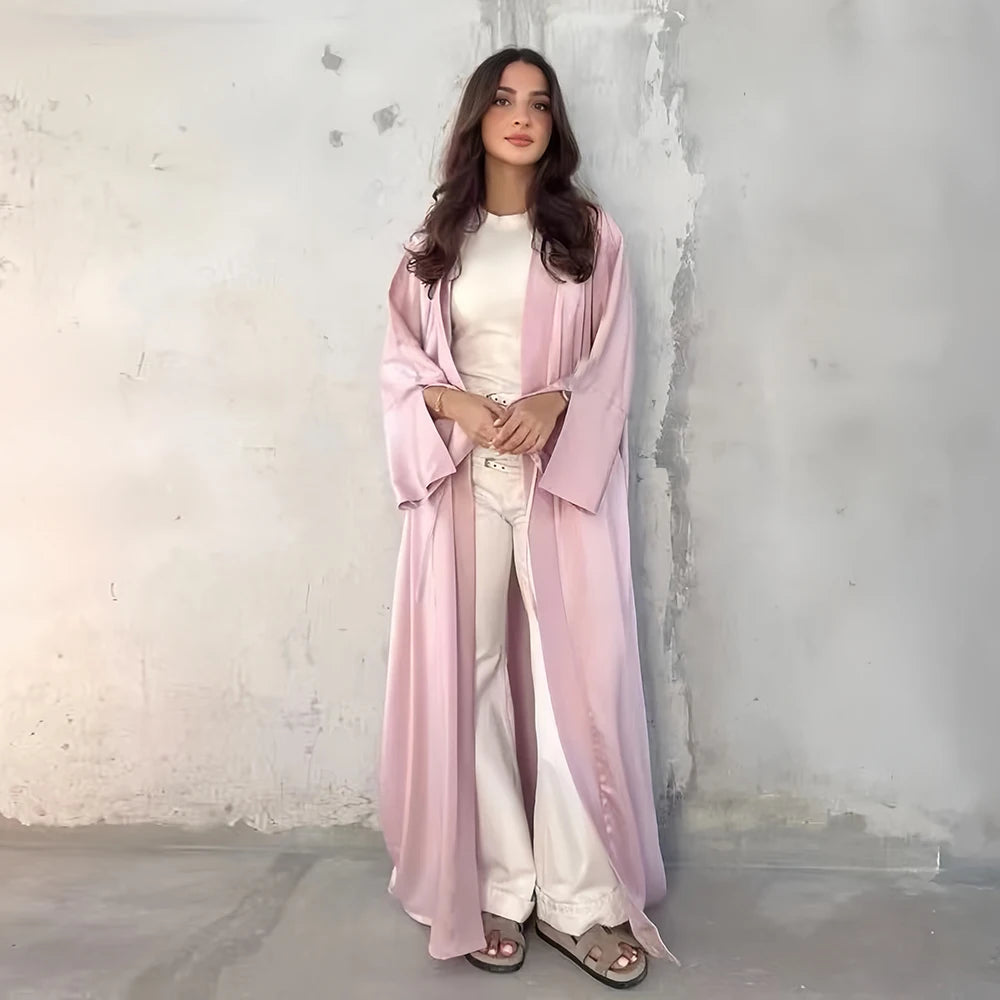 Girl Muslim Palestine Kaftan Dress Open Satin Kimono Pink Abaya Women Dubai Clothing Kebaya Robe Caftan Marocain Femme Musulmane.