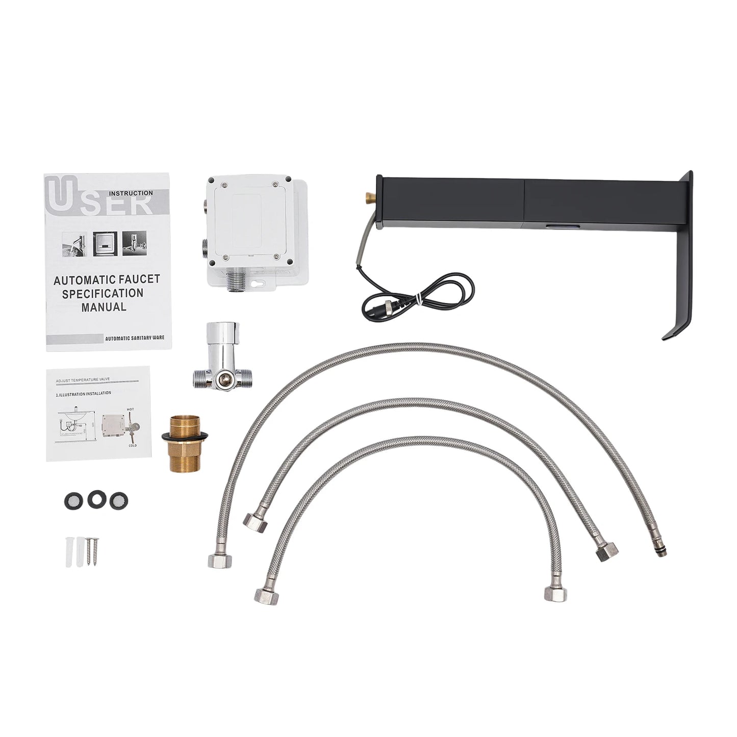 Touchless Sensor Faucet with Waterfall Spout, Adjustable Temperature Valve, Black Finish, Ideal for Kitchen and Bathroom Use