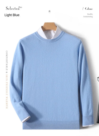 2025 100% Pure Merino Wool Men's Round Neck Pullover Solid Color Plus Size Casual Sweater Autumn And Winter Sports Cashmere Top