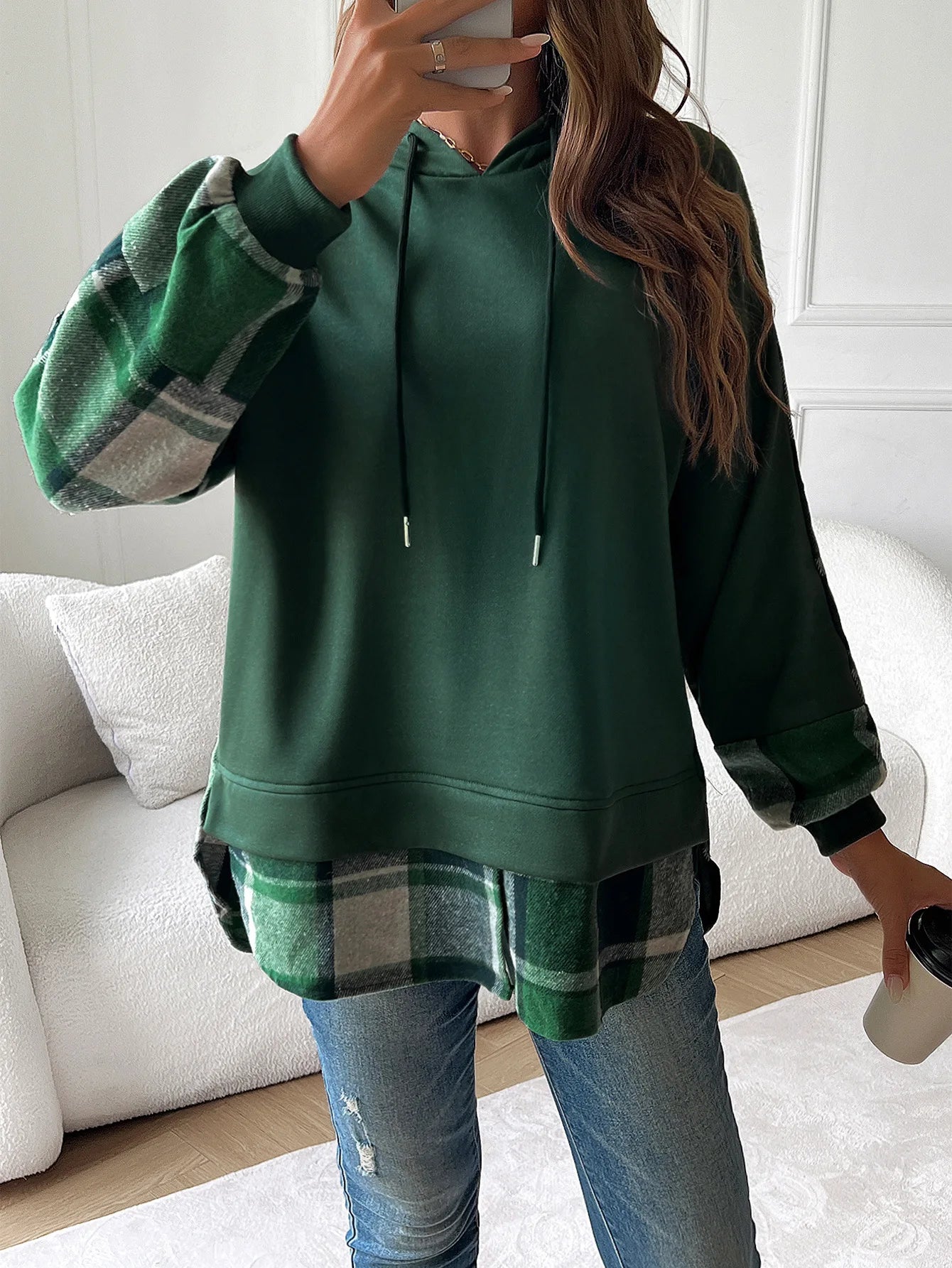 Women's Hoodie For Autumn And Winter 2025; Color-blocked Casual Pseudo Two-piece Raglan Long-sleeved Sweat For Women.