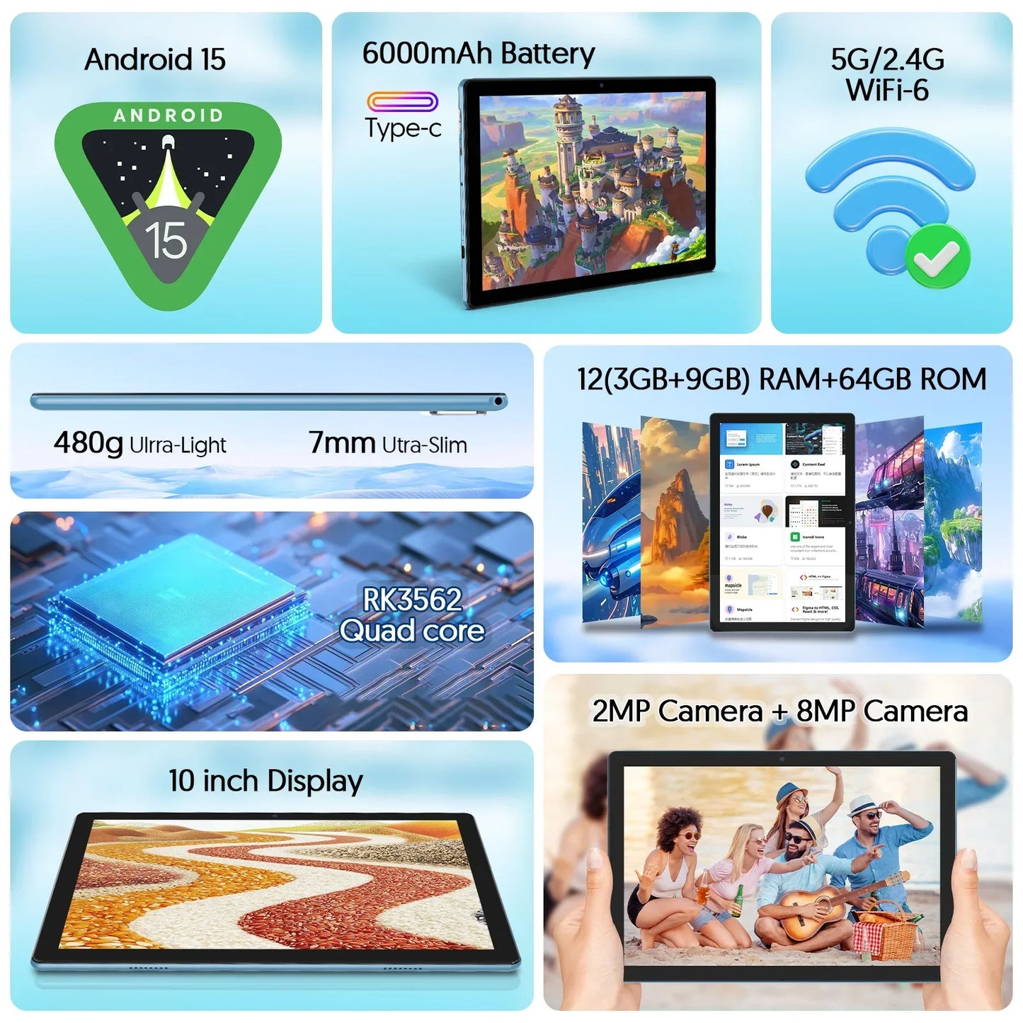 BAKEN 10-inch Android 15 tablet, quad-core processor, 12GB (3+9 expansion) RAM + 64GB storage, 5G WiFi, 1280*800 dual cameras.