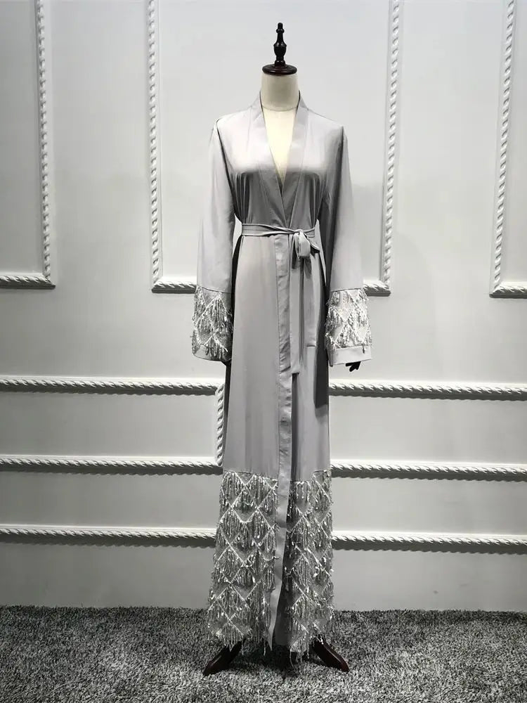 Ramadan Eid Gray Kimono Abaya Damen Dubai Islam Women Muslim Modest Dresses Kebaya Kaftan Robe Musulmane Caftan Marocain Femme.
